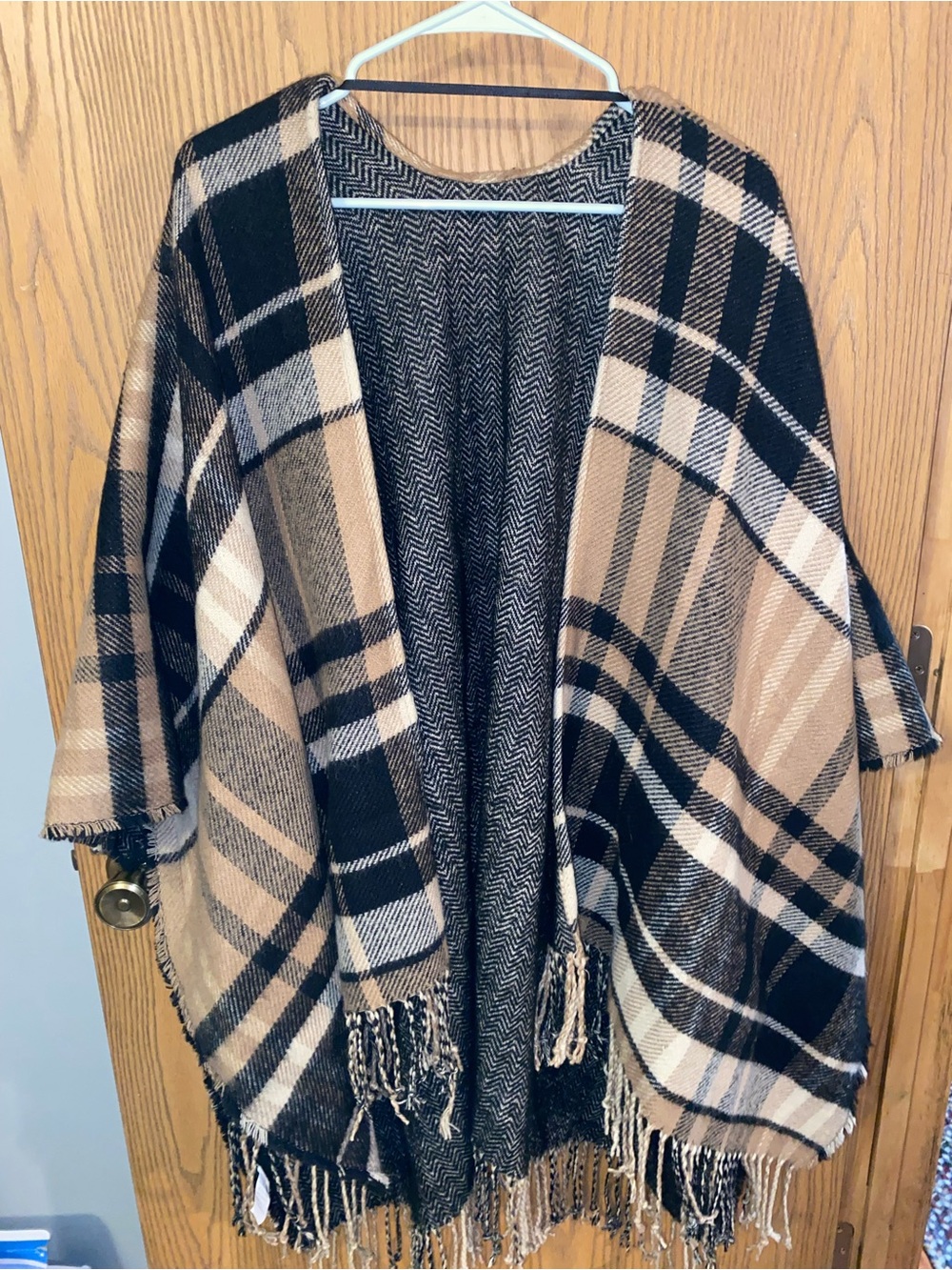 Falls Creek Black and Camel Plaid Fringe Ruana